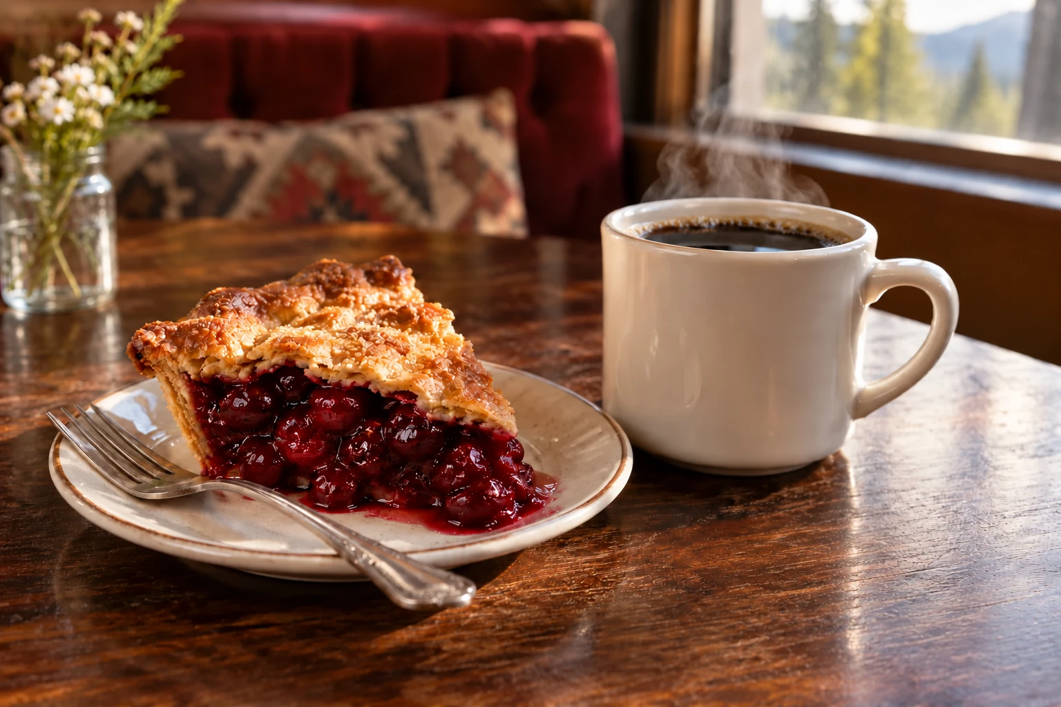Black coffee and cherry pie on a warm wooden table