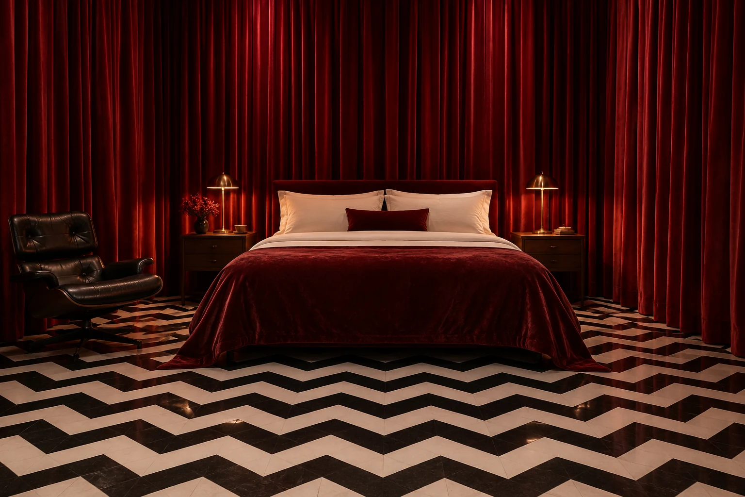 The Red Room suite with crimson velvet curtains, a queen bed, and a black-and-white chevron floor