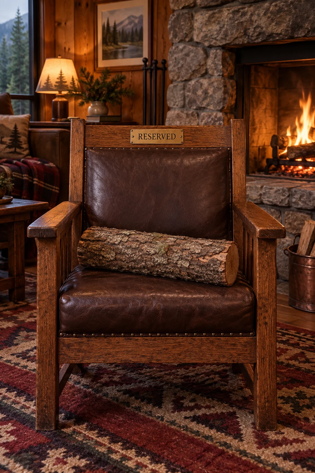 A log resting on a reserved wooden armchair beside the lodge fireplace