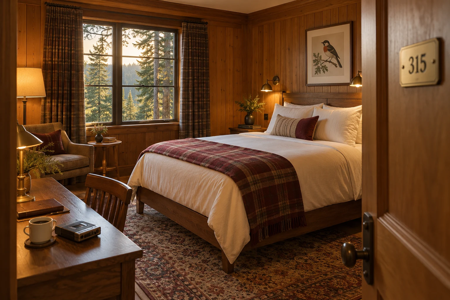 Room 315, a warm wood-paneled guest room with a forest window, plaid throw, writing desk, coffee, and a cassette recorder