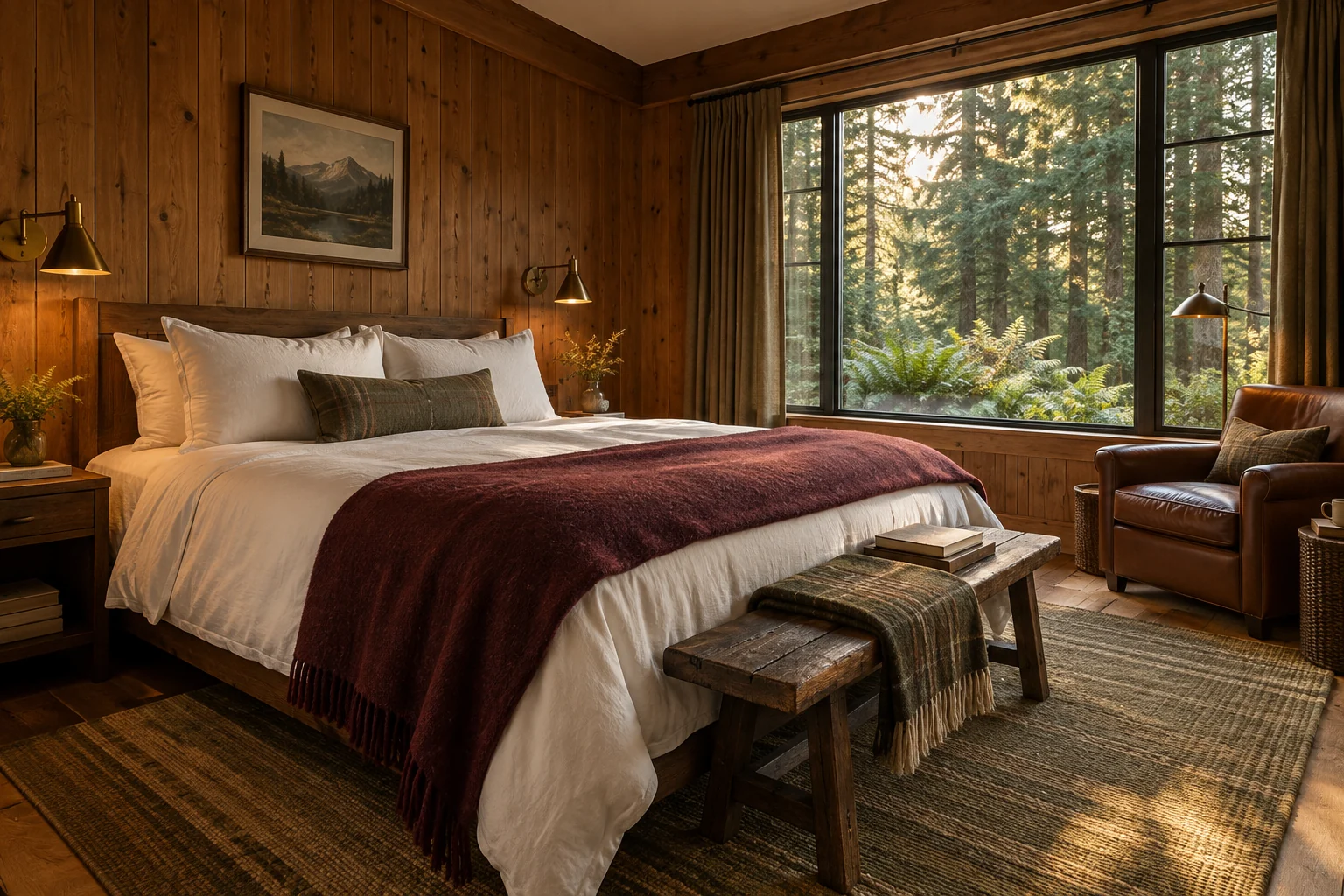 A warm pine-paneled suite with ivory bedding, a burgundy throw, and a window onto the forest